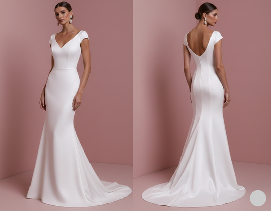 Short Simple Sleeve Wedding Dress Classic Mermaid Fit Gown