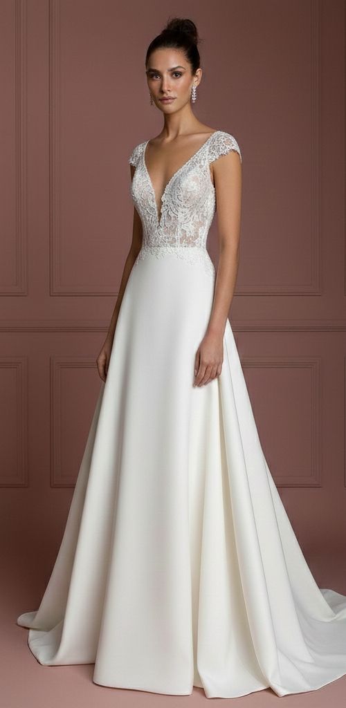 Short Sleeve Wedding Dress Lace Applique Long Train