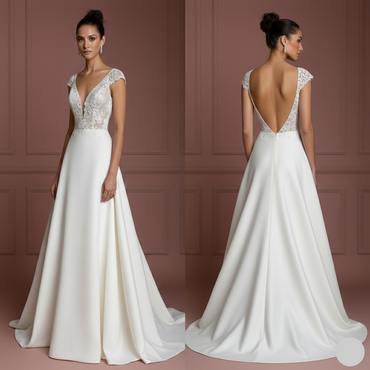 Short Sleeve Wedding Dress Lace Applique Long Train