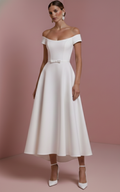Short Sleeve Wedding Dress Tea Length Long Alternative White