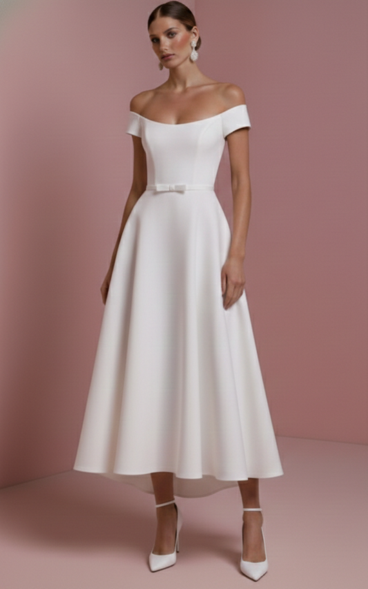 Short Sleeve Wedding Dress Tea Length Long Alternative White