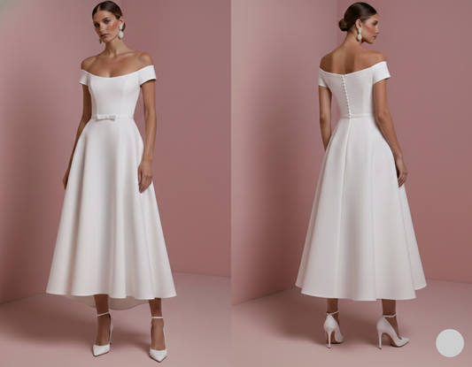 Short Sleeve Wedding Dress Tea Length Long Alternative White