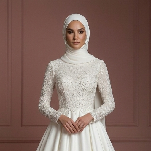 Silk Elegant Ball Gown – Soft Ivory Modest Muslim Wedding Dress