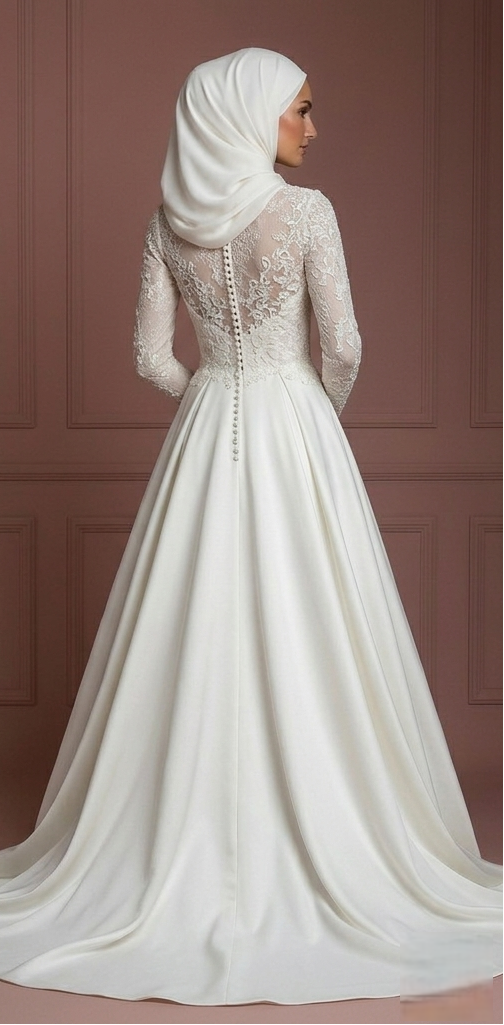 Silk Elegant Ball Gown – Soft Ivory Modest Muslim Wedding Dress