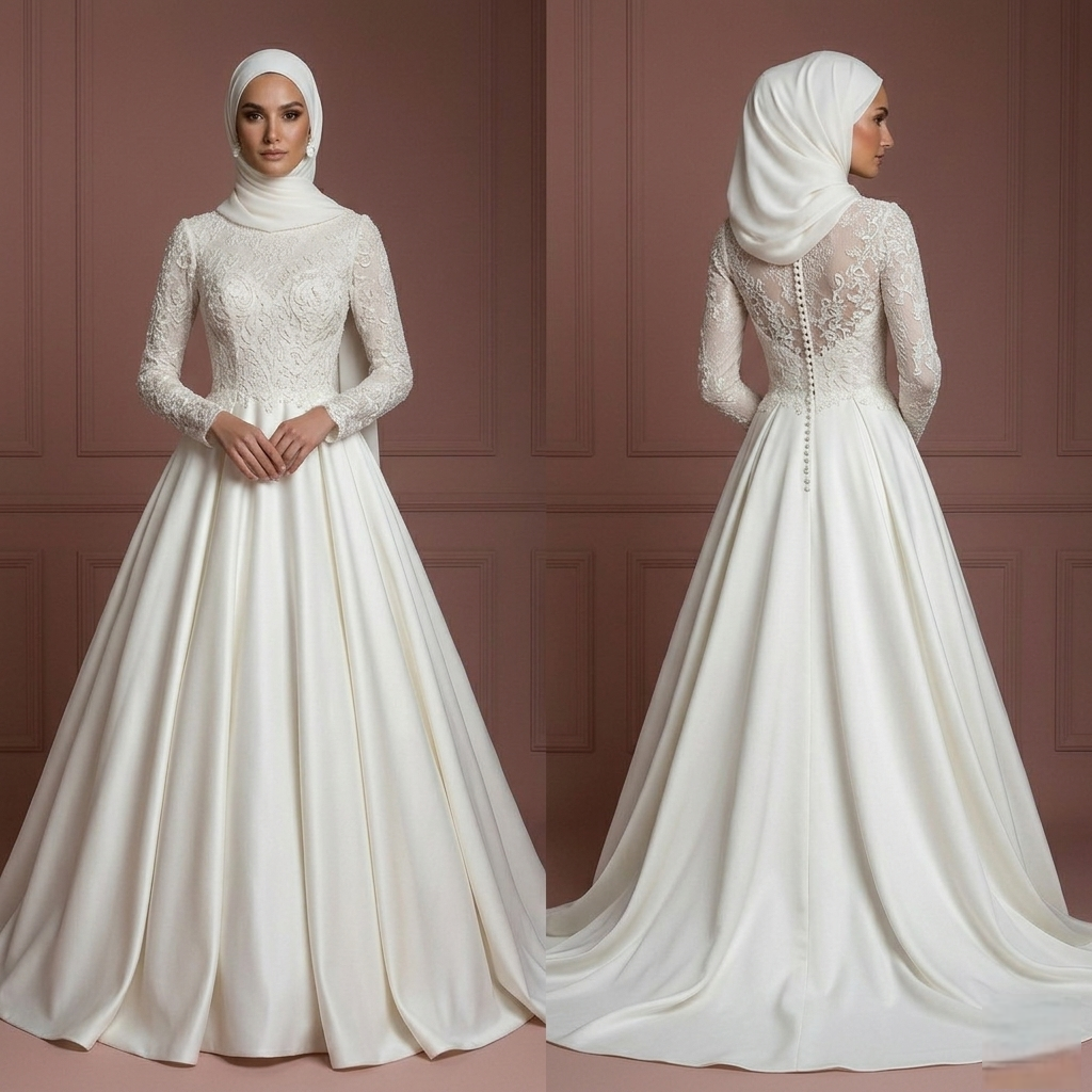 Silk Elegant Ball Gown – Soft Ivory Modest Muslim Wedding Dress