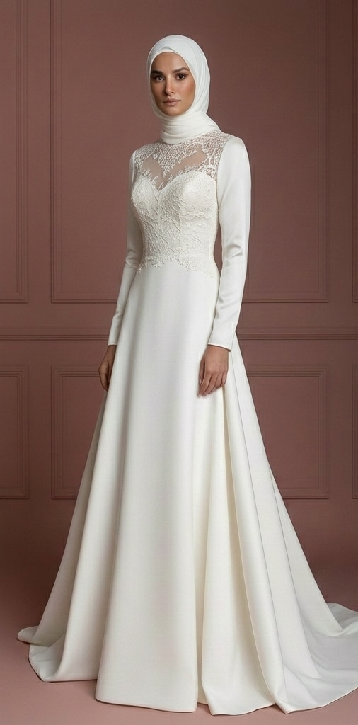 Silk Elegant Bridal Gown – Ivory Hijab Wedding Dress for Walima Muslim