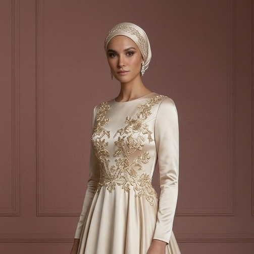 Silk Flowing Ball Gown – Champagne Elegant Hijab Wedding Dress Muslim