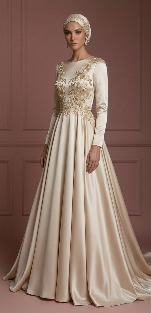 Silk Flowing Ball Gown – Champagne Elegant Hijab Wedding Dress Muslim