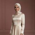 Silk Long Sleeve Wedding Dress – Soft Champagne Hijab Style Muslim