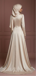 Silk Long Sleeve Wedding Dress – Soft Champagne Hijab Style Muslim