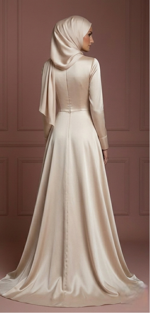 Silk Long Sleeve Wedding Dress – Soft Champagne Hijab Style Muslim