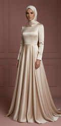 Silk Long Sleeve Wedding Dress – Soft Champagne Hijab Style Muslim