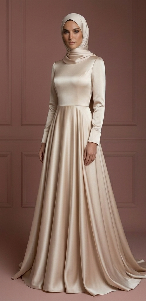 Silk Long Sleeve Wedding Dress – Soft Champagne Hijab Style Muslim