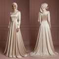 Silk Long Sleeve Wedding Dress – Soft Champagne Hijab Style Muslim
