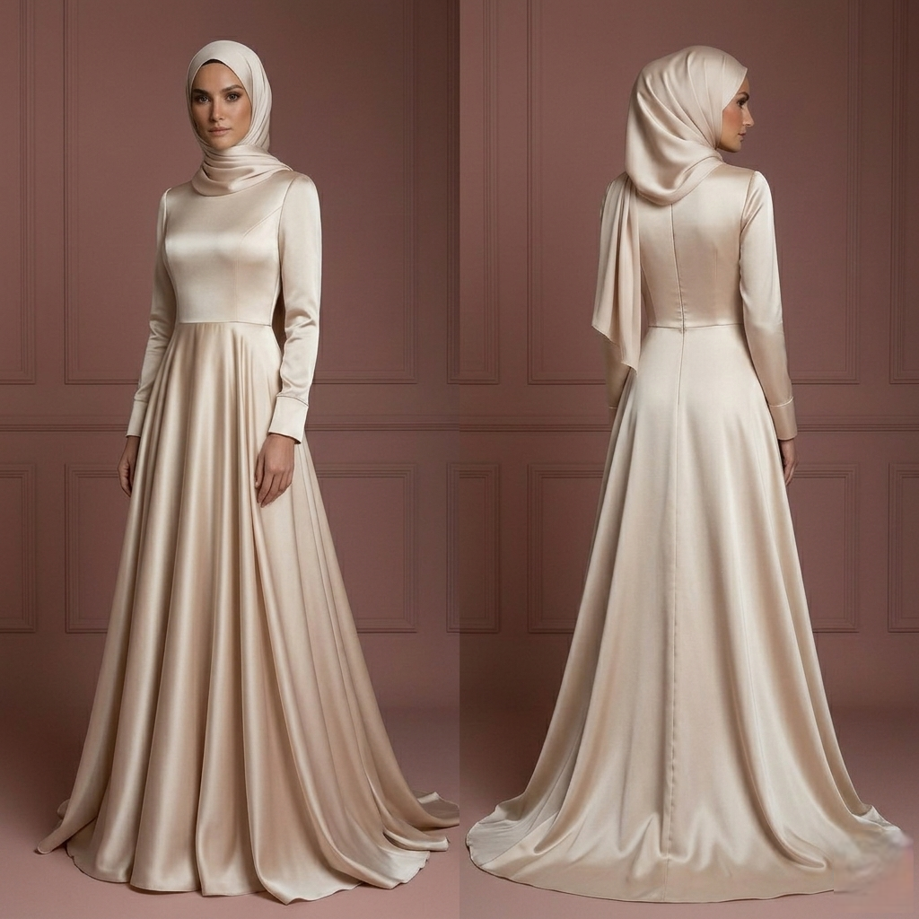 Silk Long Sleeve Wedding Dress – Soft Champagne Hijab Style Muslim