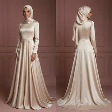 Silk Long Sleeve Wedding Dress – Soft Champagne Hijab Style Muslim