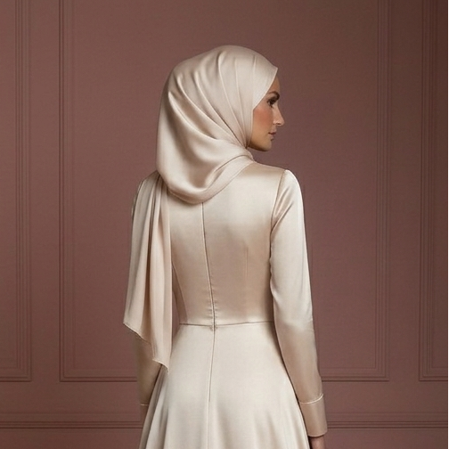 Silk Long Sleeve Wedding Dress – Soft Champagne Hijab Style Muslim