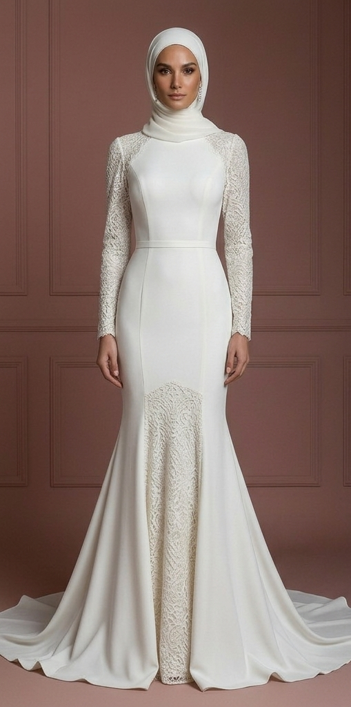 Silk Mermaid Hijab Wedding Dress – Ivory Modern Modest Style Muslim