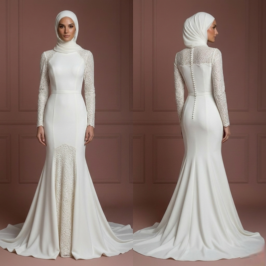 Silk Mermaid Hijab Wedding Dress – Ivory Modern Modest Style Muslim