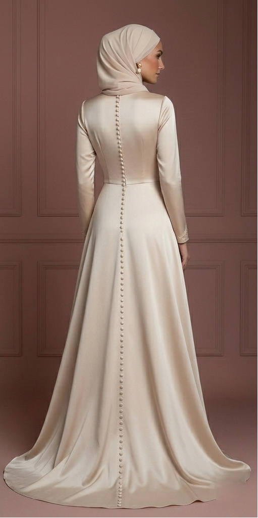 Silk Minimalist Hijab Wedding Dress – Champagne Modern Muslim