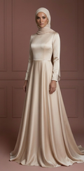 Silk Minimalist Hijab Wedding Dress – Champagne Modern Muslim