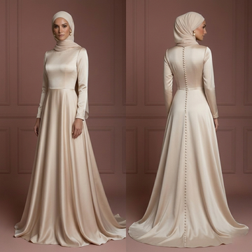 Silk Minimalist Hijab Wedding Dress – Champagne Modern Muslim