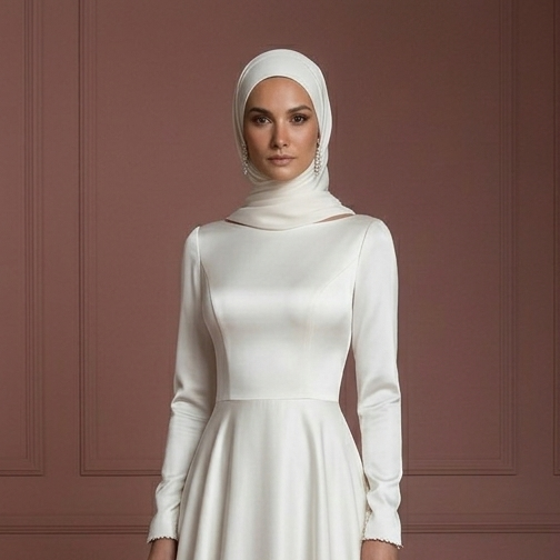 Silk Minimalist Hijab Wedding Dress – Modern Modest Bridal Look Muslim