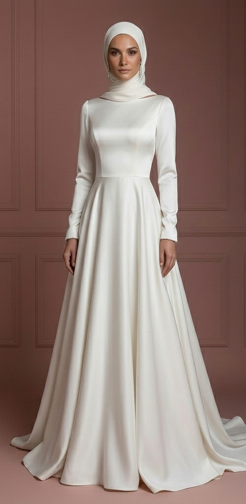 Silk Minimalist Hijab Wedding Dress – Modern Modest Bridal Look Muslim