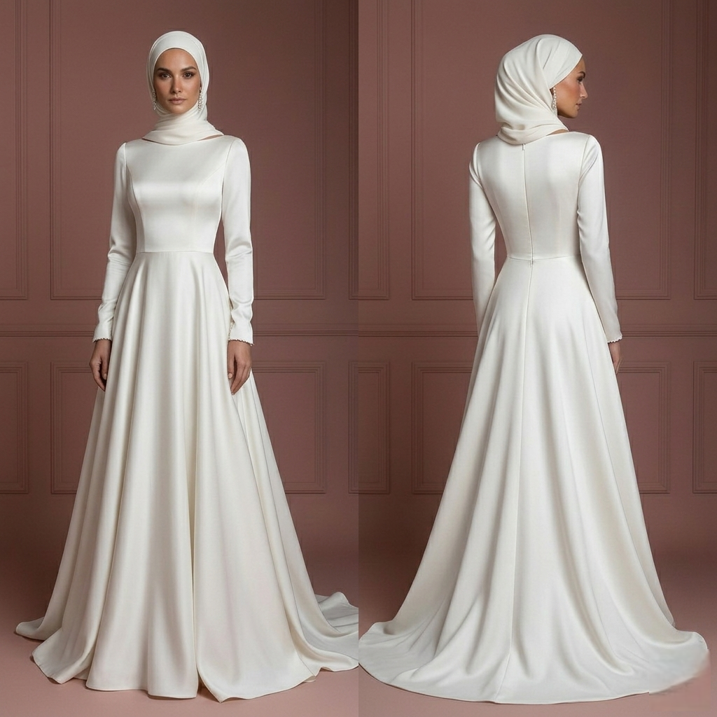 Silk Minimalist Hijab Wedding Dress – Modern Modest Bridal Look Muslim