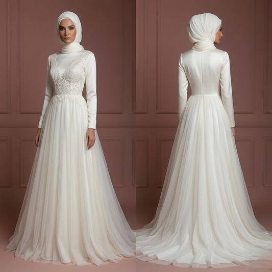 Silk & Tulle Elegant Bridal Wedding Dress – Ivory Muslim Hijab Outfit
