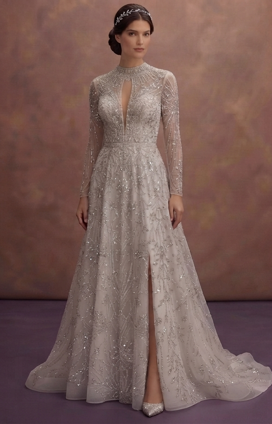 Silver Beaded Wedding Dresses with Sophisticated Sparkle