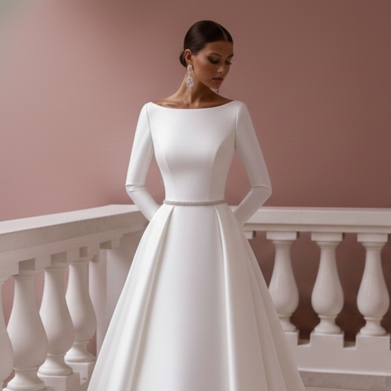 Simple Sleeve Wedding Dress Minimalist Long Crepe Stretch Gown