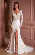 Simple Slit Wedding Dress Deep V-Neck Sleeveless Long Bridal