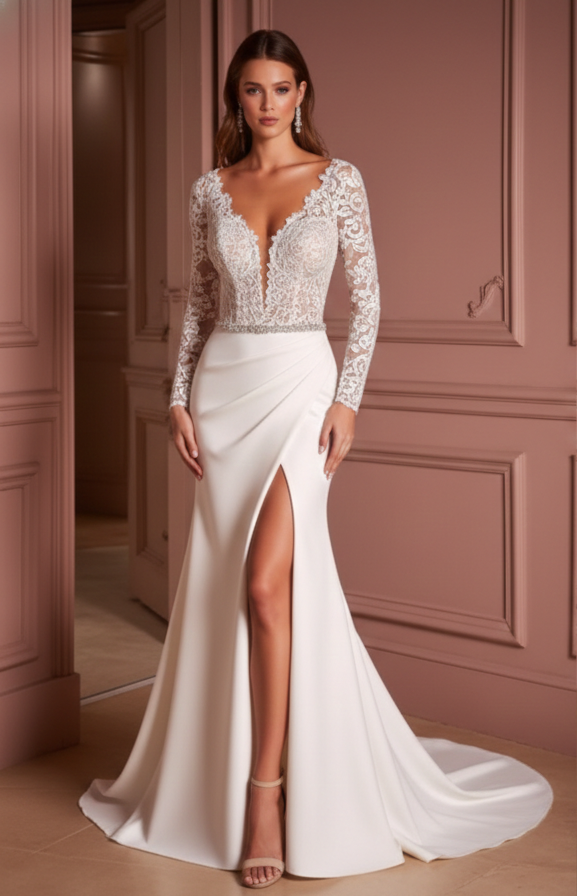 Simple Slit Wedding Dress Deep V-Neck Sleeveless Long Bridal