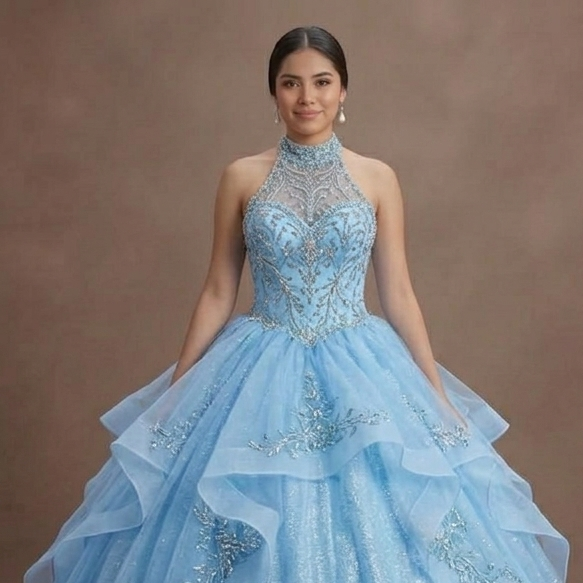 Sky Blue Quinceañera Gown with Sparkling Tulle Skirt