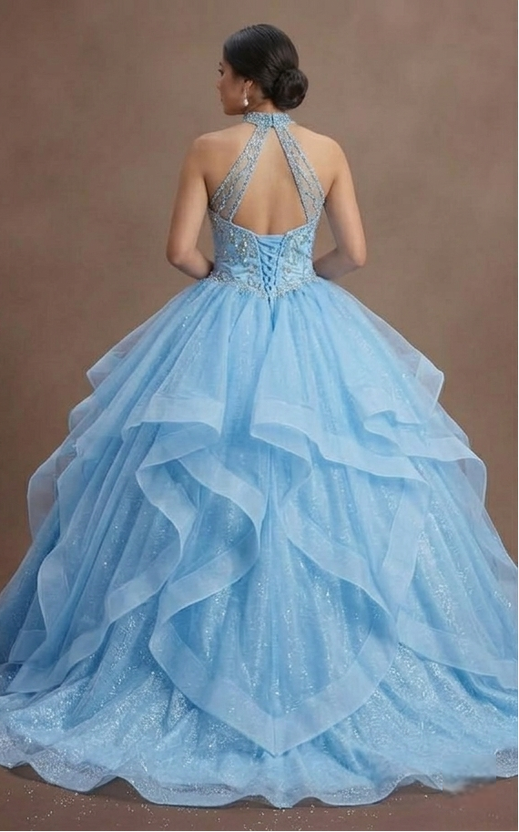 Sky Blue Quinceañera Gown with Sparkling Tulle Skirt