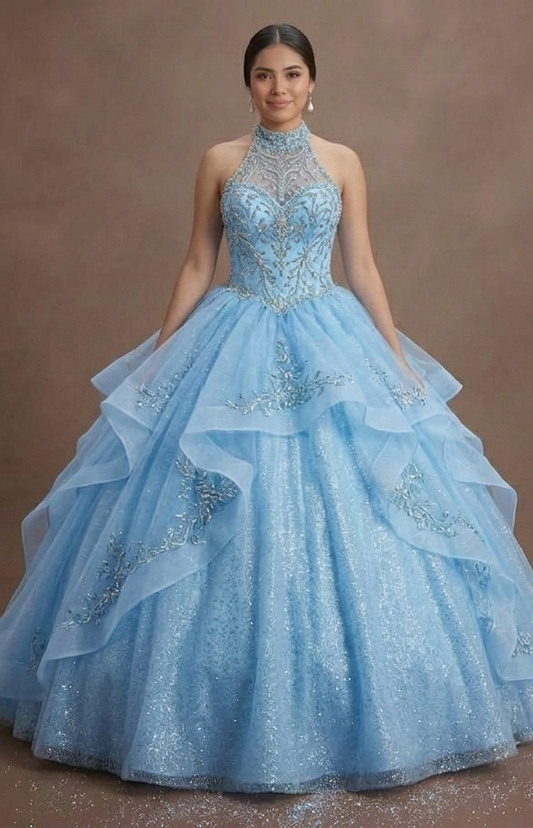 Sky Blue Quinceañera Gown with Sparkling Tulle Skirt
