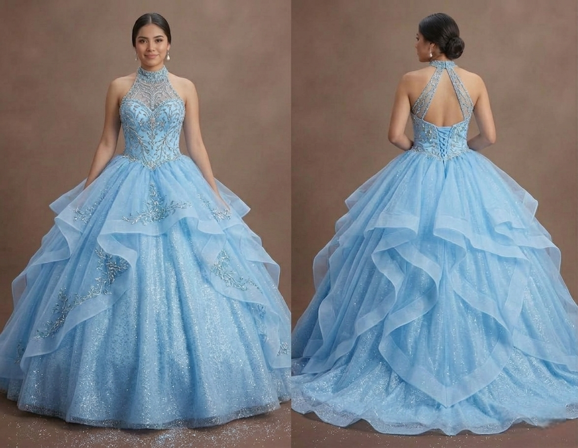 Sky Blue Quinceañera Gown with Sparkling Tulle Skirt