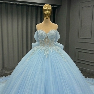 Sky Blue Tulle Ball Gown with Beaded Bodice