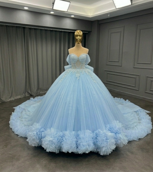 Sky Blue Tulle Ball Gown with Beaded Bodice