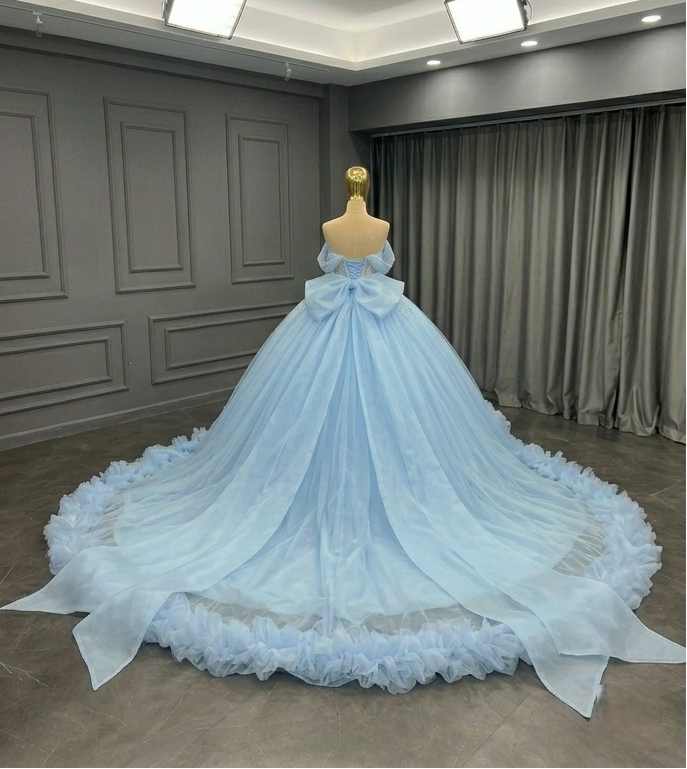 Sky Blue Tulle Ball Gown with Beaded Bodice