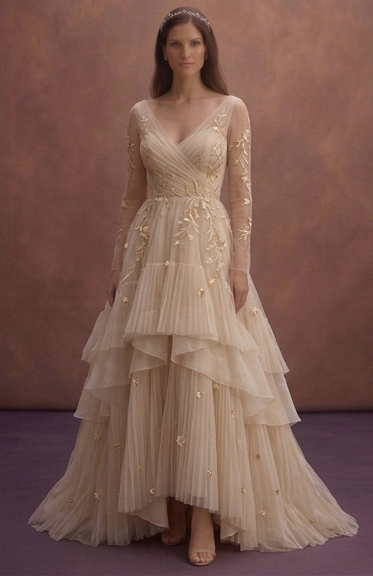 Soft Beige A-Line Wedding Dress with Romantic Layers