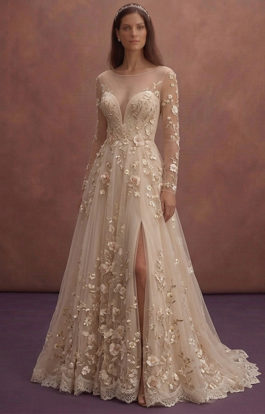 Soft Beige Bridal Gown with Floral Embroidered Skirt