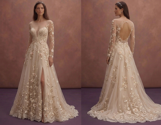 Soft Beige Bridal Gown with Floral Embroidered Skirt