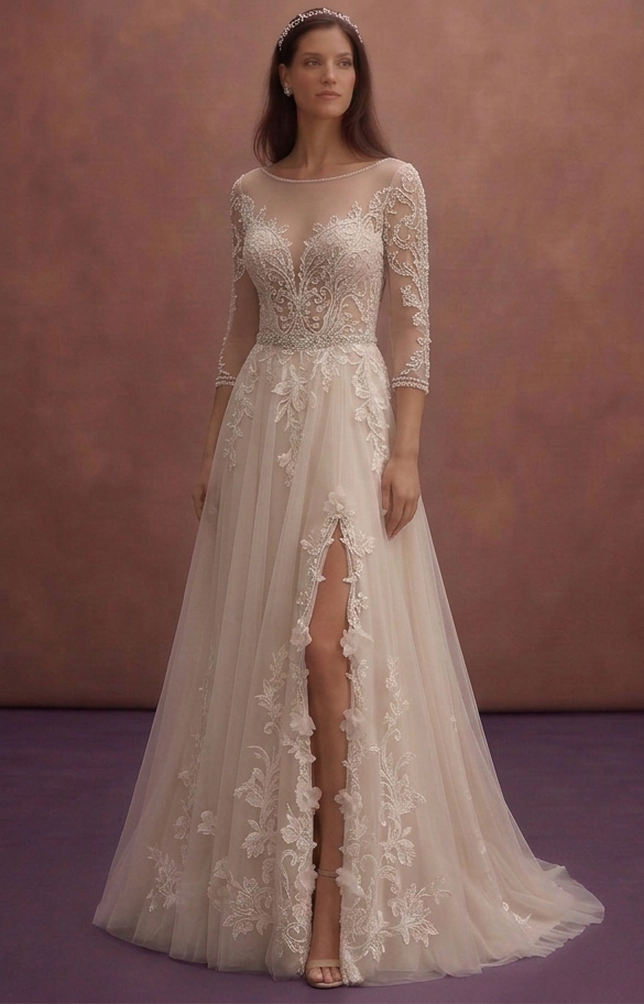 Soft Beige Bridal Gown with Romantic A-Line Shape