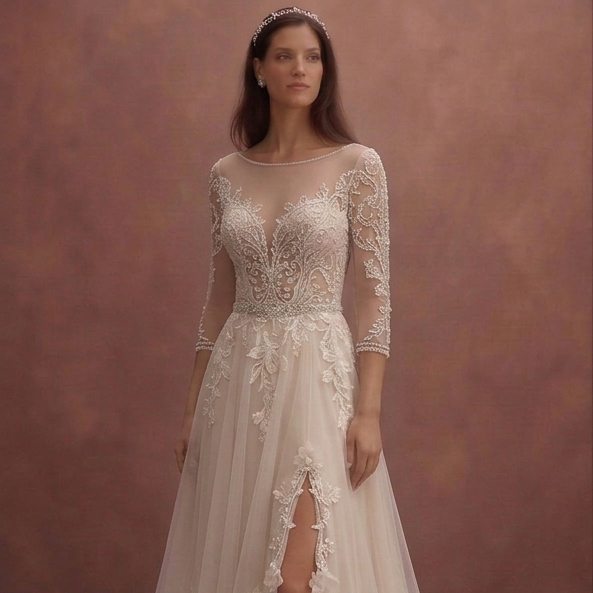 Soft Beige Bridal Gown with Romantic A-Line Shape
