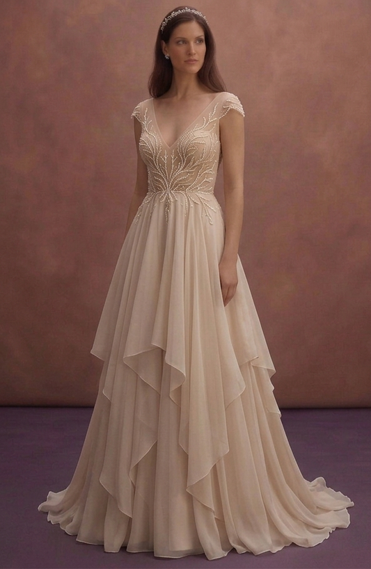 Soft Beige Chiffon Wedding Dress with Airy Layers