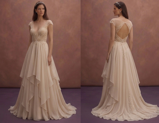 Soft Beige Chiffon Wedding Dress with Airy Layers