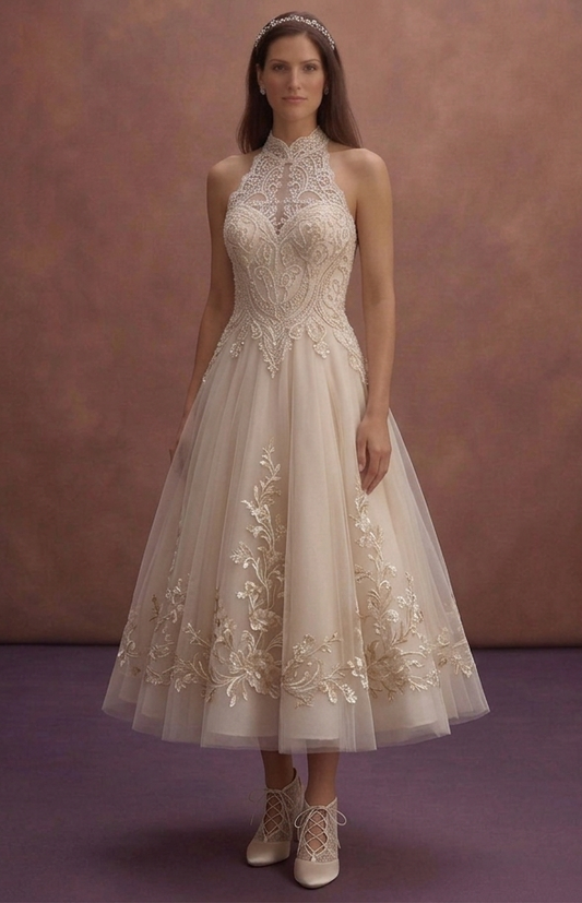 Soft Beige Court Wedding Dress with Tea Length Skirt