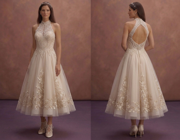 Soft Beige Court Wedding Dress with Tea Length Skirt